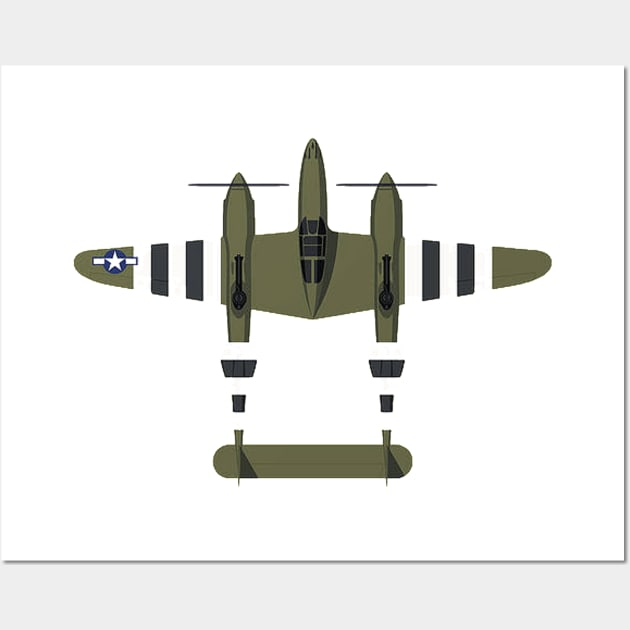 Olive Green P38 Lightning 2D plane Wall Art by Cloutshop
